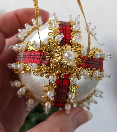 White, Gold and Red Beaded Pushpin Ornaments