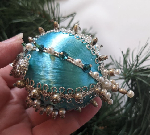 Turquoise and Pink Beaded Pushpin Christmas Ornaments