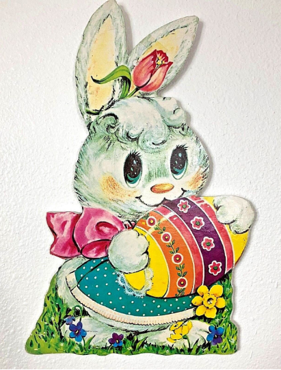 Vintage 1960s Wooden Die Cut Easter Rabbit with Egg Wall Hanging