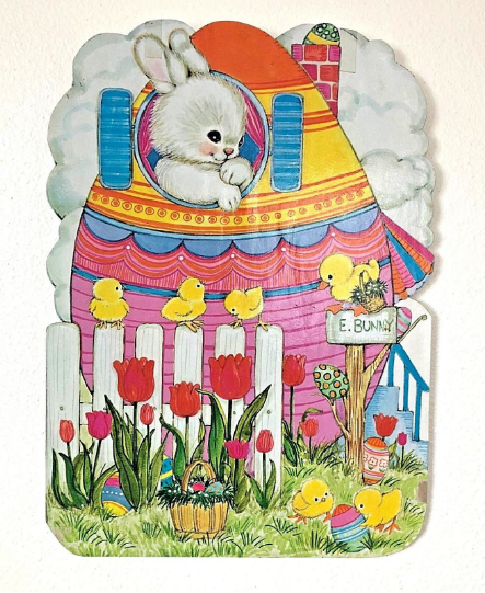 Vintage 1970s Wooden Die Cut Easter Wall Hanging Cute Rabbit in Colorful Egg Shaped House