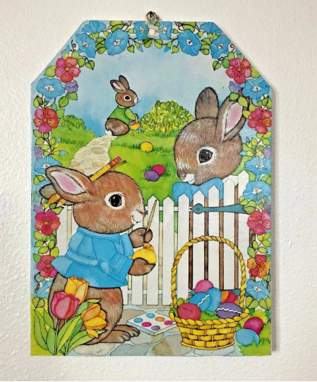 Vintage 1980s Wooden Die Cut Easter Rabbit Wall Hanging for Child Friendly Easter Decorating