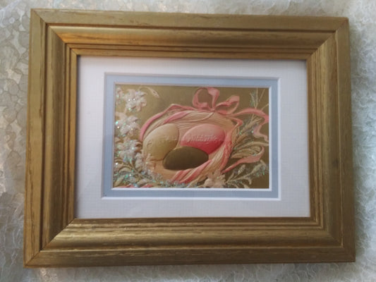 1908 Vintage Framed Easter Postcard Picture of Eggs in Bird's Nest