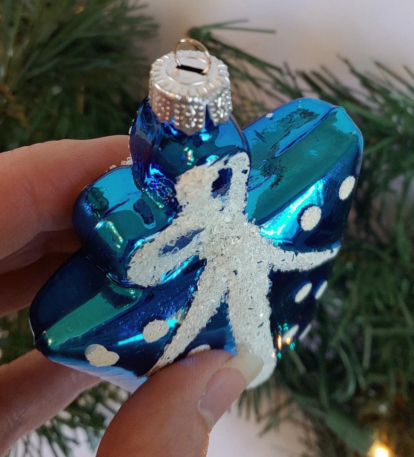 Blue Wrapped Christmas Gift Glass Christmas Ornament