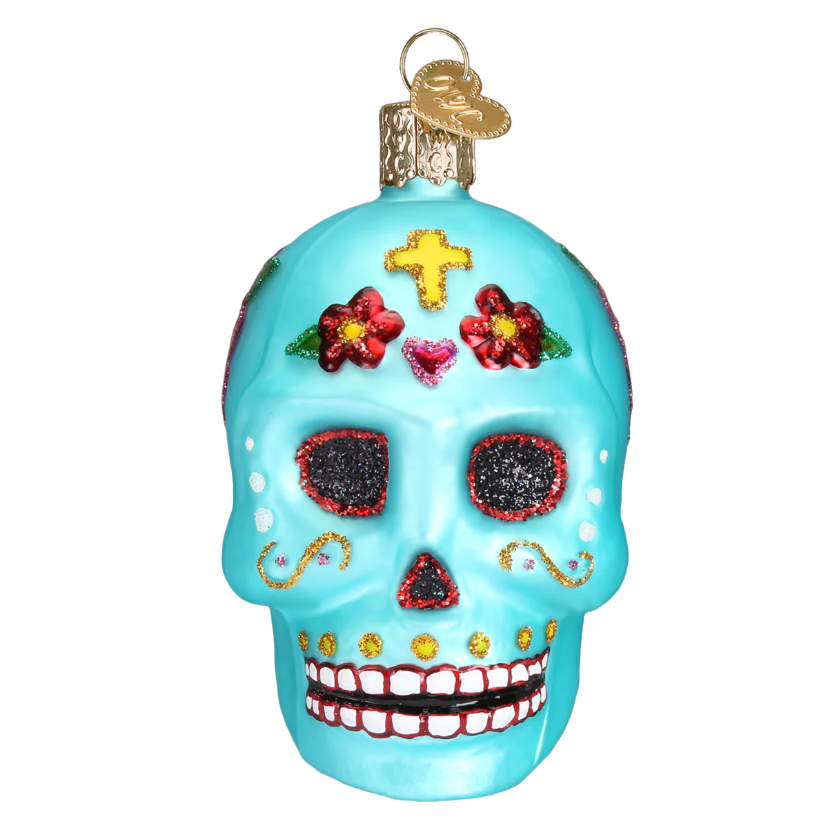Blue Day of the Dead Sugar Skull Blown Glass Halloween or Tree Ornament by Old World Christmas - Día de los Muertos