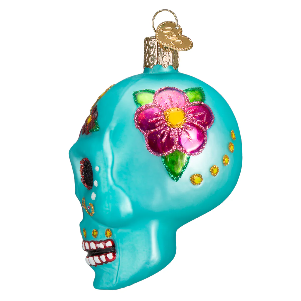 Blue Day of the Dead Sugar Skull Blown Glass Halloween or Tree Ornament by Old World Christmas - Día de los Muertos