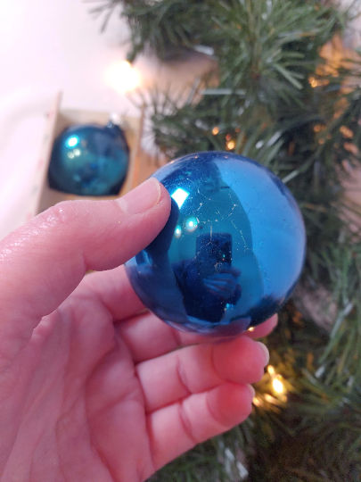 Vintage Shiny Brite Blue Glass Ball Christmas Ornaments