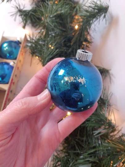Vintage Shiny Brite Blue Glass Ball Christmas Ornaments