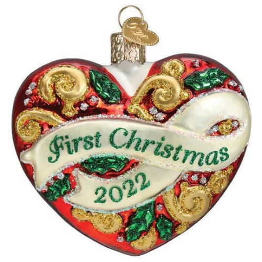 First Christmas 2022 - Heart-Shaped Blown Glass Tree Ornament by Old World Christmas - RETIRED