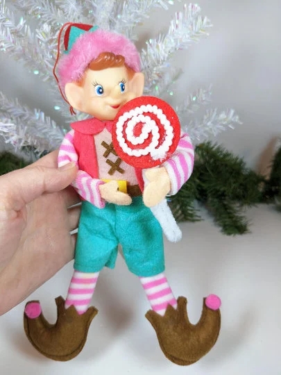 Pink Elf with Candy Christmas Ornament