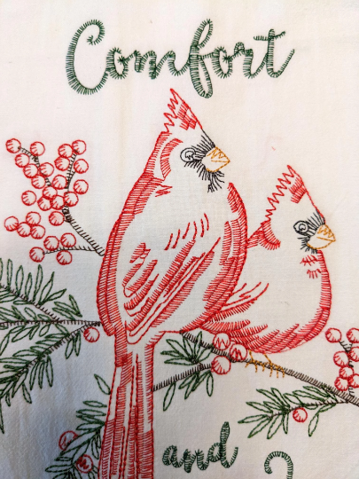 Comfort and Joy Embroidered Cardinal Christmas Kitchen Towel