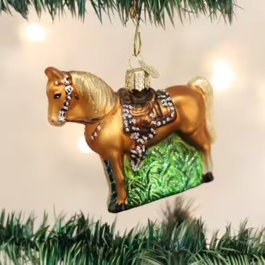 Western Horse Blown Glass Tree Ornament by Old World Christmas - Palomino Pony Saddle