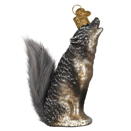 Vintage-Style Howling Wolf with Furry Tail - Blown Glass Tree Ornament by Old World Christmas - RETIRED