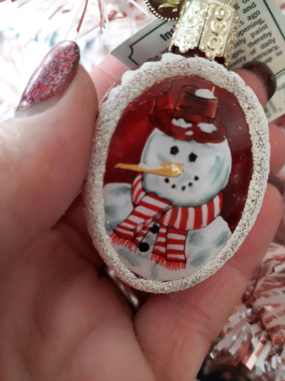 Inside Art Snowman on Red Glass Oval Tree Ornament by Old World Christmas