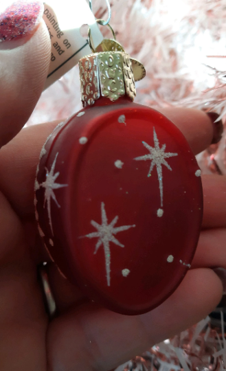 Inside Art Snowman on Red Glass Oval Tree Ornament by Old World Christmas