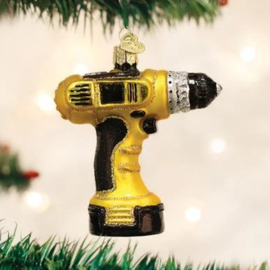 Yellow Power Drill Tool Blown Glass Tree Ornament by Old World Christmas