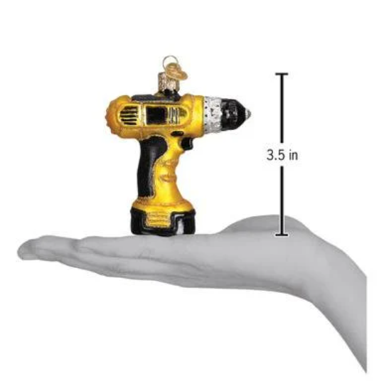 Yellow Power Drill Tool Blown Glass Tree Ornament by Old World Christmas