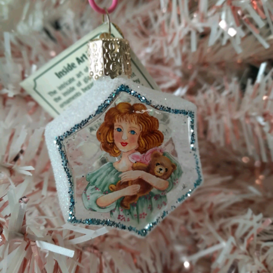 Girl Holding Teddy Bear Snowflake Inside Art Glass Tree Ornament by Old World Christmas