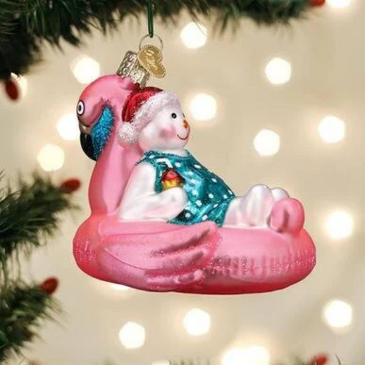 Snowman on Pink Flamingo Pool Float - Blown Glass Tree Ornament by Old World Christmas