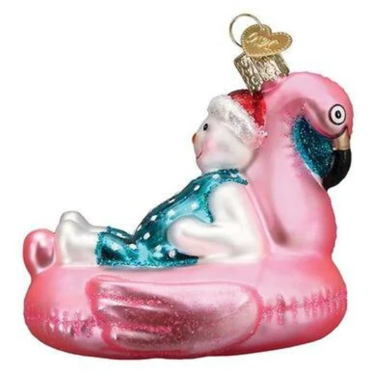 Snowman on Pink Flamingo Pool Float - Blown Glass Tree Ornament by Old World Christmas