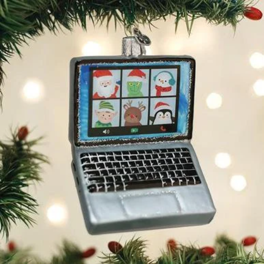 Virtual Friends Zoom Call on Laptop - Blown Glass Tree Ornament by Old World Christmas