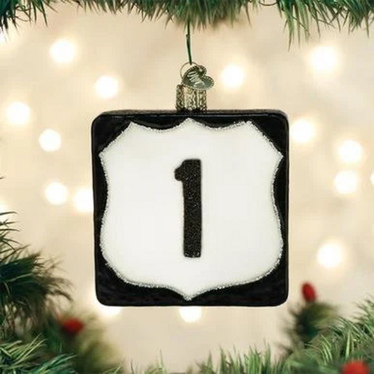 Route 1 Highway Interstate Freeway Sign Blown Glass Tree Ornament by Old World Christmas