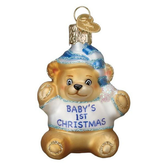 Baby's First Christmas Baby Boy Teddy Bear Blown Glass Tree Ornament by Old World Christmas - RETIRED