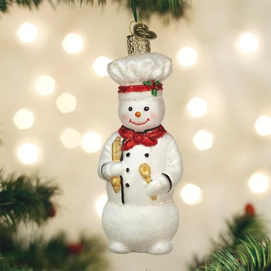 Snowman Baker Cook in Chef's Jacket - Blown Glass Tree Ornament by Old World Christmas - RETIRED
