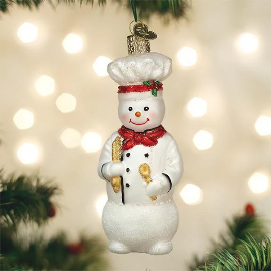 Snowman Baker Cook in Chef's Jacket - Blown Glass Tree Ornament by Old World Christmas - RETIRED