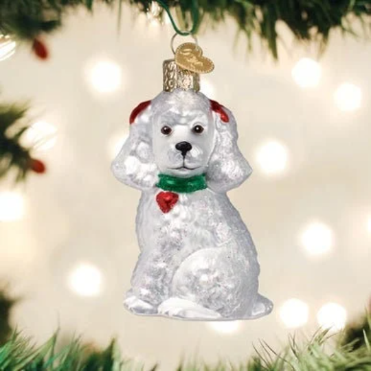 White Poodle Dog Blown Glass Tree Ornament by Old World Christmas