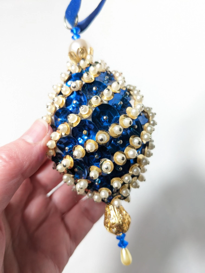 Vintage Blue Beaded Pushpin Christmas Ornament