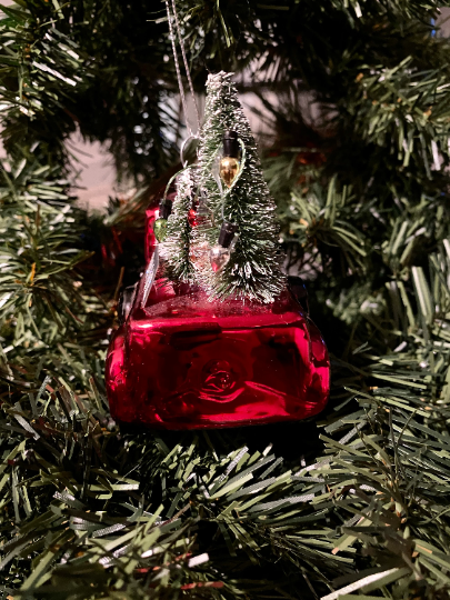 Red Truck with Christmas Trees Glass Ornament