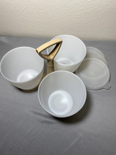 Vintage Tupperware Condiment Set Sheer Cups and Lids with Almond Base