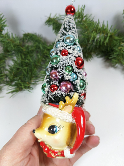 Reindeer Mug Bottle Brush Tree Christmas Ornament