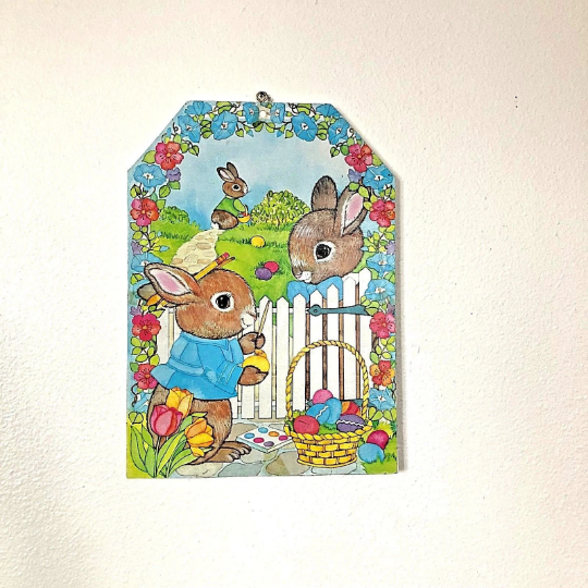 Vintage 1980s Wooden Die Cut Easter Rabbit Wall Hanging for Child Friendly Easter Decorating