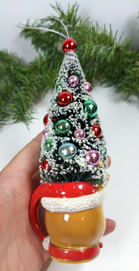 Reindeer Mug Bottle Brush Tree Christmas Ornament