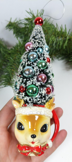 Reindeer Mug Bottle Brush Tree Christmas Ornament