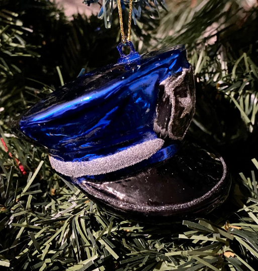 Police Officer Hat Glass Christmas Ornament