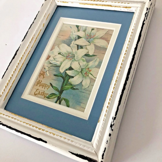 Vintage Framed 1907 Easter Card with Blue Matting in Distressed White Frame