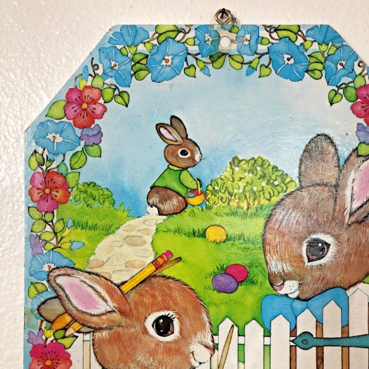 Vintage 1980s Wooden Die Cut Easter Rabbit Wall Hanging for Child Friendly Easter Decorating