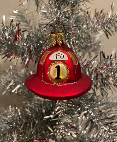 Fireman's Helmet Firefighter Red Hat Blown Glass tree Ornament by Retired Old World Christmas