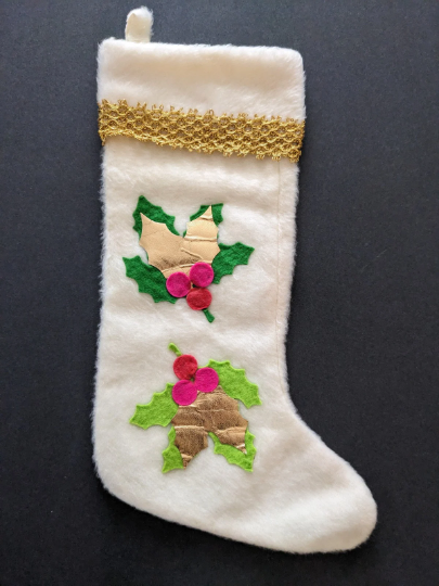 Vintage White Holly Christmas Stocking
