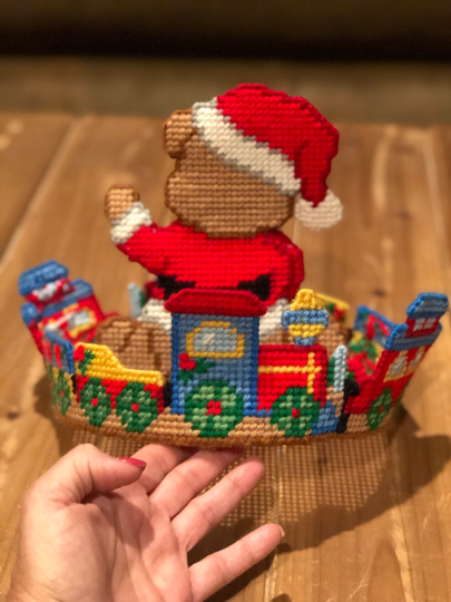 Vintage Handmade Needlepoint Christmas Teddy Bear Centerpiece