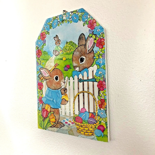 Vintage 1980s Wooden Die Cut Easter Rabbit Wall Hanging for Child Friendly Easter Decorating
