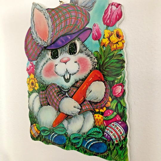 Vintage 1970s Wooden Die Cut Easter Bunny Wall Hanging