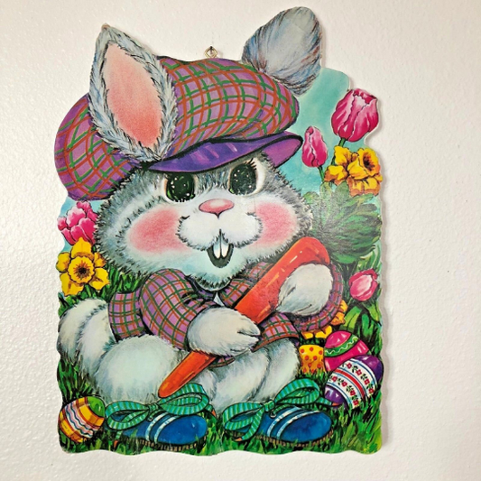 Vintage 1970s Wooden Die Cut Easter Bunny Wall Hanging