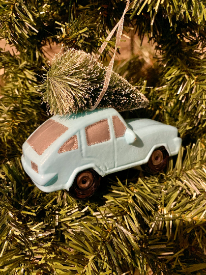 Blue Car with Christmas Bottlebrush Tree Ornament