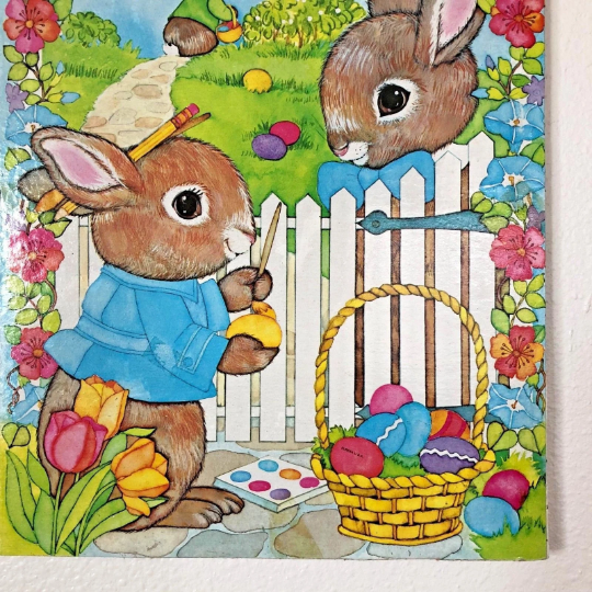 Vintage 1980s Wooden Die Cut Easter Rabbit Wall Hanging for Child Friendly Easter Decorating