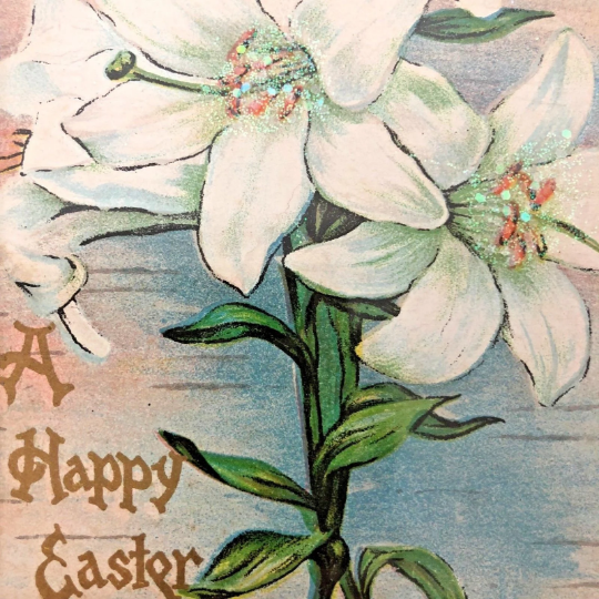 Vintage Framed 1907 Easter Card with Blue Matting in Distressed White Frame
