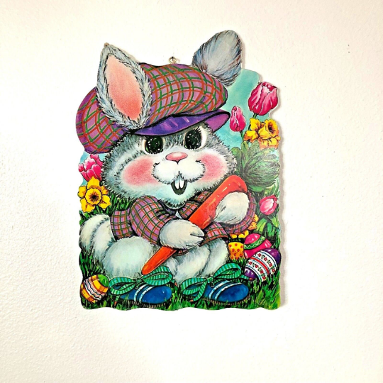 Vintage 1970s Wooden Die Cut Easter Bunny Wall Hanging