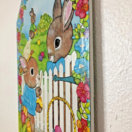 Vintage 1980s Wooden Die Cut Easter Rabbit Wall Hanging for Child Friendly Easter Decorating